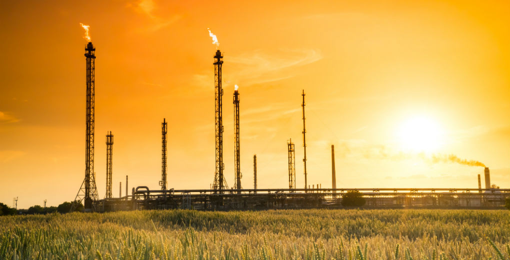 Chemical works in background, wheat field in foreground