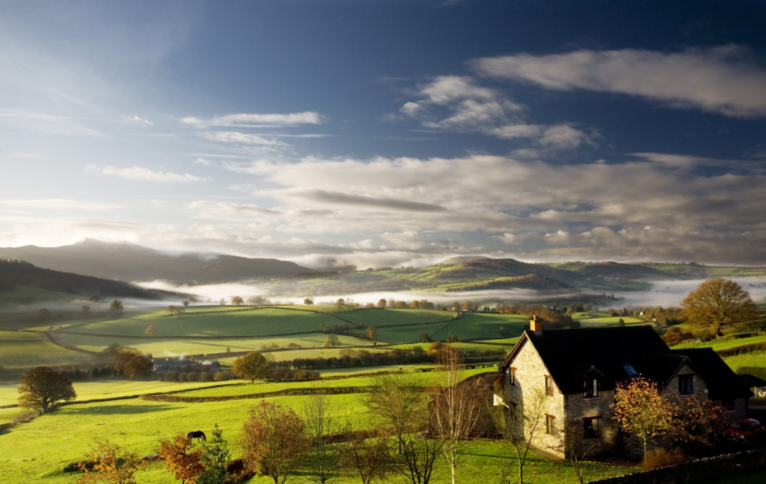 Misty morning in countryside valley